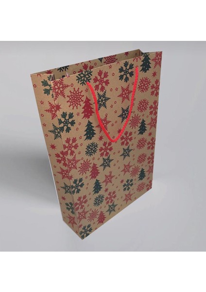 Karton Çanta 26x38,5x12 cm 10 Adet Yıldız Desenli Kraft Kağıt 2 Renk Baskılı