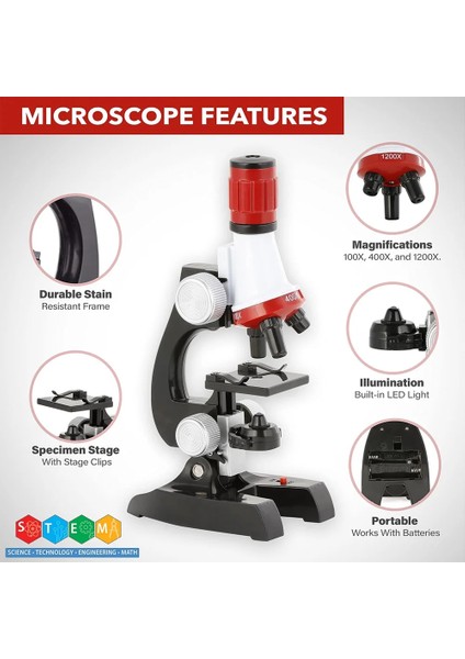 Mikroskop Seti Eğitici Biyolojik Çocuk Mikroskop LED Işık 12 Örnek Hediye 100X-1200X Zoom
