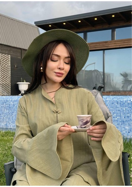 Kadın Volan Kol Çin Düğmeli Keten Ceket Pantolon Ikili Takım