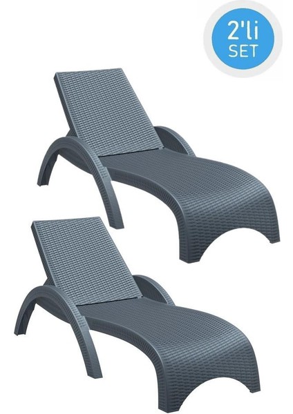 TRK-860 Siesta Fiji Rattan Desenli Ayarlanabilir Lüks Şezlong Koyu Gri 2'li Set