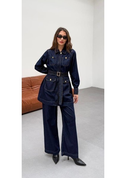Premium Kalite Kemer ve Cep Detaylı Tasarım Ikili Denim Takım Pantolon Ceket Ikili Kot Takım