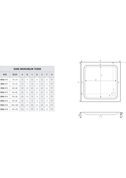 95 x 95 Kare Monoblok Duş Teknesi