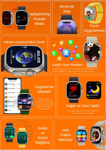 Oppo A76 Uyumlu Universal Akıllı Saat Watch Ultra2 49MM Kordonlu - Son Versiyon modelleri