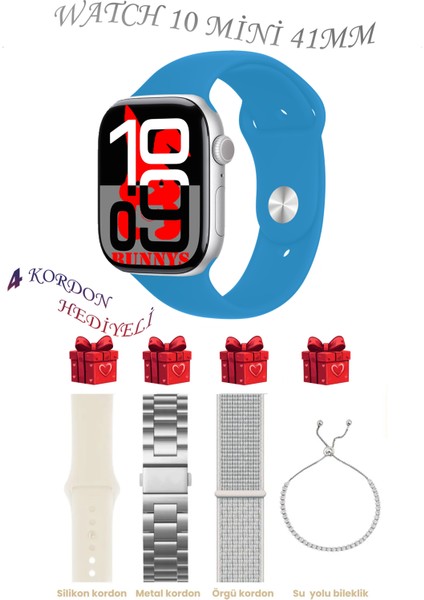 Açık Mavi Akıllı Saat Watch 10 Mini Kordon Hediyeli Amoled Ekran 41MM