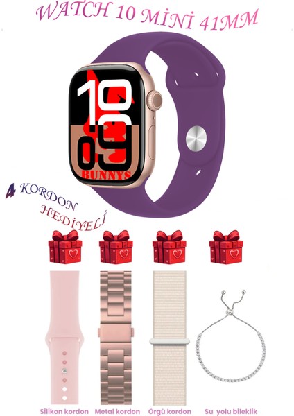 Mor Akıllı Saat Watch 10 Mini Kordon Hediyeli Amoled Ekran 41MM
