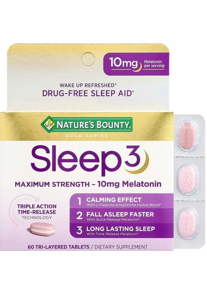 Natures Nature's Bounty Gold Serıes Sleep3 Maxımum Strength 10 Mgmelatonına 60 Trı-Layered Tablets