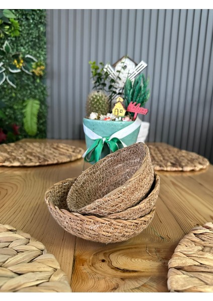Dekoratif Doğal Hasır Mini Sepet 13 cm 3’lü