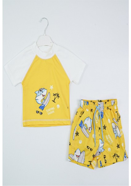 Trend Yeni Sezon Shark Surfıng Baskılı Iki Parça Dalgıç Kumaş -Uv Korumalı- Şortlu-Erkek Mayo