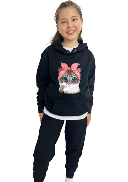 Kedi Kız Sweatshirt Tişört Eşofman 3'lü Takım – Rahat ve Şık Tasarım