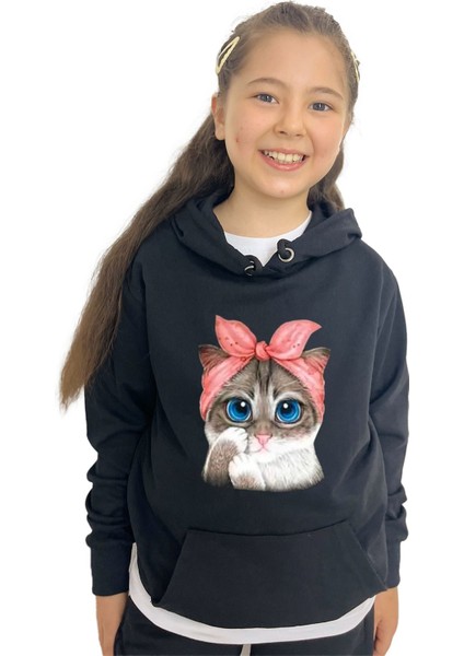 Kedi Kız Sweatshirt Tişört Eşofman 3'lü Takım – Rahat ve Şık Tasarım fiyatları