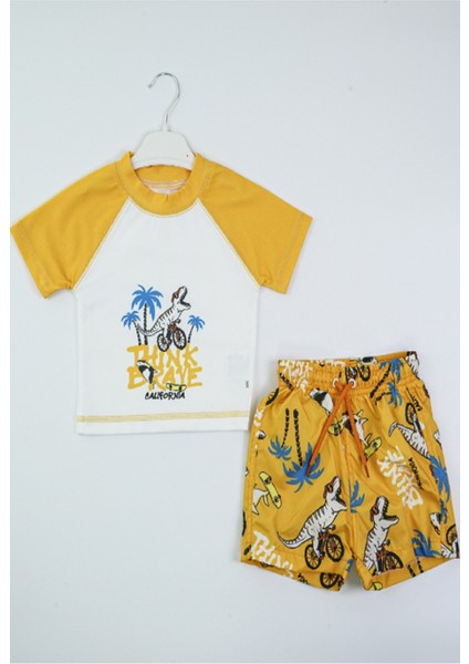 Yeni Sezon Sevimli Dinazor Baskılı Iki Parça Dalgıç Kumaş -Uv Korumalı- Şortlu-Erkek Mayo