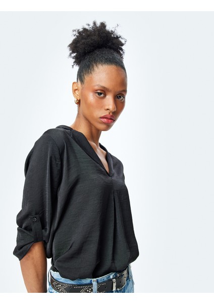 Rahat Kalıp Ceket Yaka 3/4 Kol Katlama Detaylı Bluz