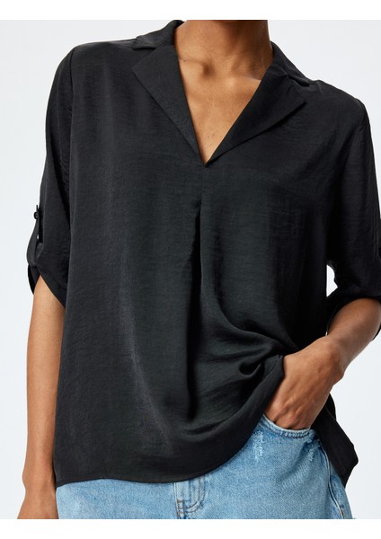 Rahat Kalıp Ceket Yaka 3/4 Kol Katlama Detaylı Bluz indirimleri