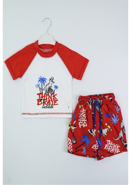 Yeni Sezon Sevimli Dinazor Baskılı Iki Parça Dalgıç Kumaş -Uv Korumalı- Şortlu-Erkek Mayo