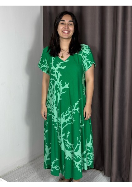 Mercan Desenli Geniş Kesim Viskon Elbise – 36-50 Beden Arası Standart Rahat Kalıp fırsatları