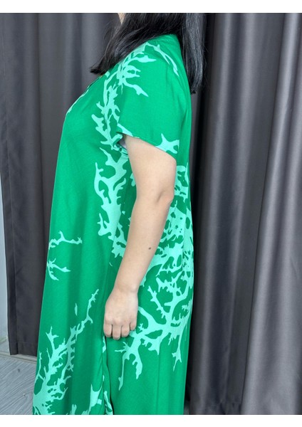 Mercan Desenli Geniş Kesim Viskon Elbise – 36-50 Beden Arası Standart Rahat Kalıp indirimleri