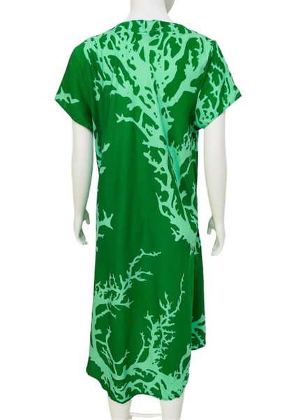 Mercan Desenli Geniş Kesim Viskon Elbise – 36-50 Beden Arası Standart Rahat Kalıp