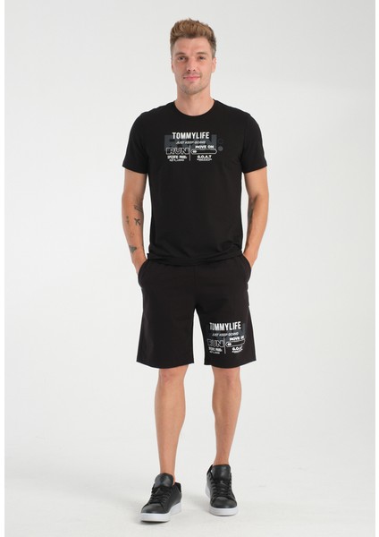 Siyah Baskılı Regular Şort T-Shirt Takım