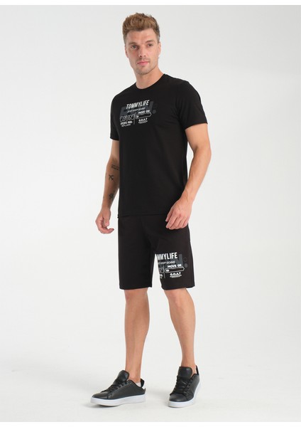 Siyah Baskılı Regular Şort T-Shirt Takım modelleri