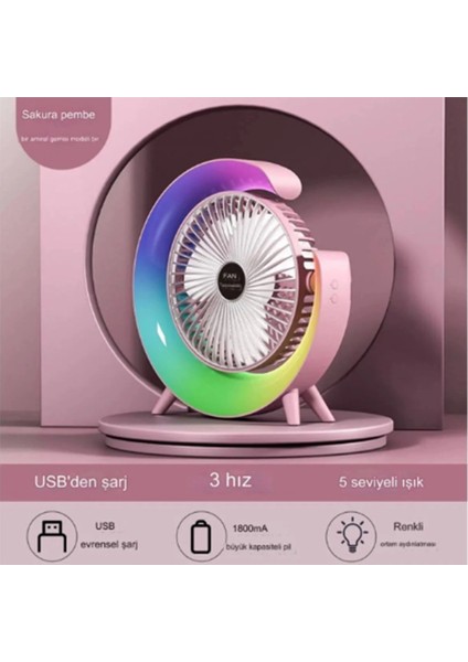 Masaüstü Vantilatör USB Şarjlı Rgb LED Işıklı 3 Kademeli 180° Ayarlanabilir Soğutucu Fan Pembe