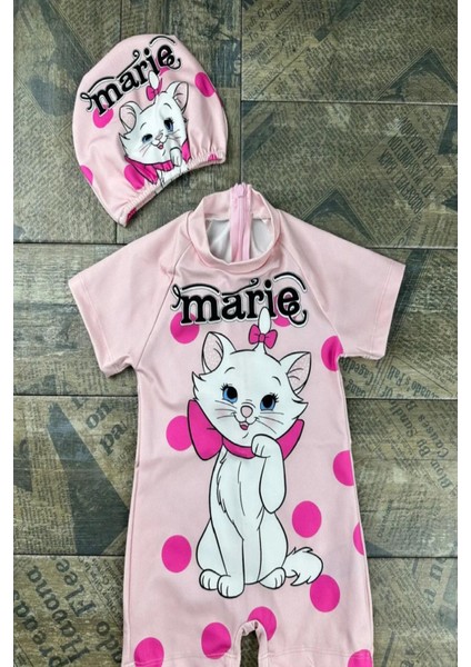 Trend Yeni Sevimli Kedi Baskılı Uzun Kol Fermuarlı Mayo- Boneli 2 Parça Güneş Koruma Kız- Mayo