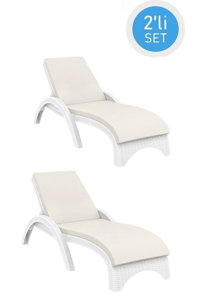 TRK-860 Siesta Fiji Bej Minderli Rattan Desenli Ayarlanabilir Lüks Şezlong Beyaz 2'li Set
