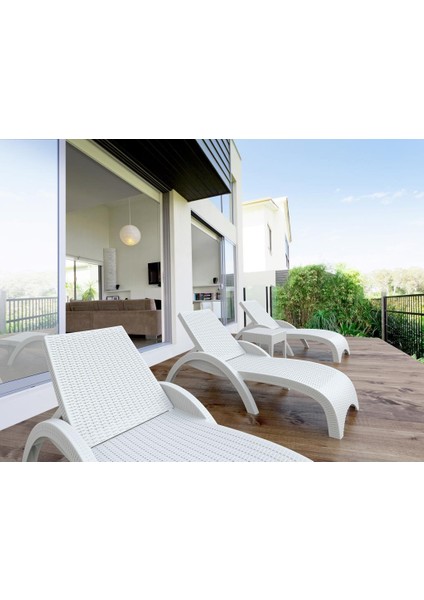 TRK-860 Siesta Fiji Bej Minderli Rattan Desenli Ayarlanabilir Lüks Şezlong Beyaz 2'li Set