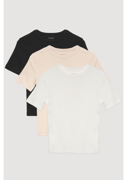 Fitilli Basic Tişört 3 Lü Paket Siyah/ekru/bej