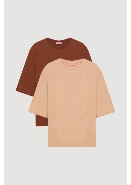 Truvakar Kol Oversize Basic Tişört 2 Li Paket Bej/kahverengi