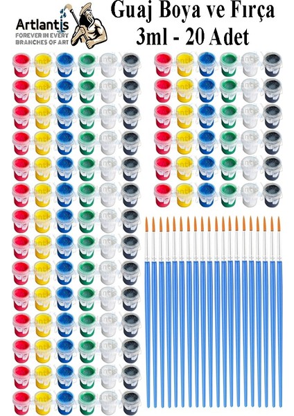Guaj Boya 3 ml 6 Renk ve Resim Fırçası 20 Paket Mini Küçük Guaj Boya Etkinlik Boyama Boyası Su Bazlı Resim Okul Öncesi