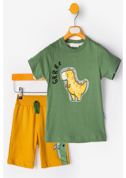 Yeni Erkek Bebek Tişört-Şort 2li Takım Sevimli Dinazor 3D Bisiklet Yaka Reçme Paça- Pamuklu Takım