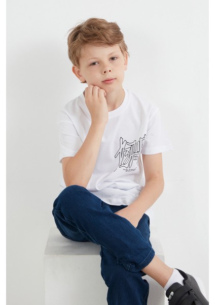 %100 Pamuk Yazı Baskılı Erkek Çocuk Tişört