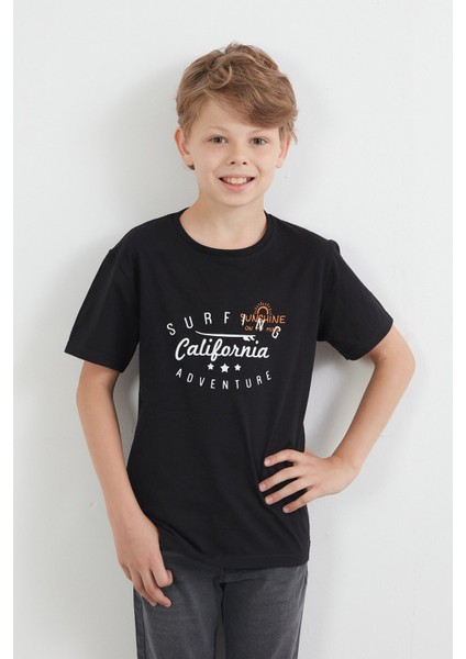 %100 Pamuk Önü ve Arkası Yazı Baskılı Erkek Çocuk Tişört