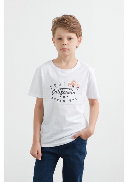 %100 Pamuk Önü ve Arkası Yazı Baskılı Erkek Çocuk Tişört