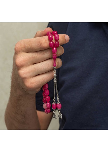 Gümüş Püsküllü Pembe Sıkma Kehribar Tesbih modelleri