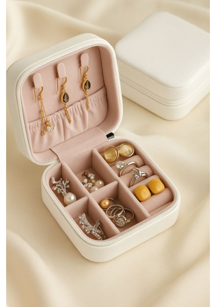 Mini Takı Kutusu Seyahat Tipi Mücevher Çantası Kolye Yüzük Küpe Organizer Takı Düzenleyici Beyaz