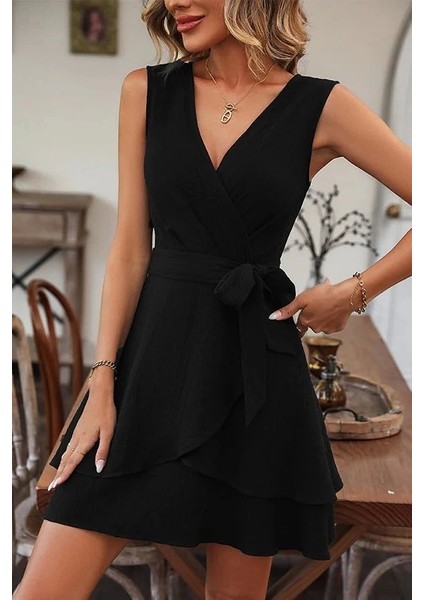 Kadın Kolsuz Kruvaze Yakalı Belden Kuşaklı Janjan Krep Elbise