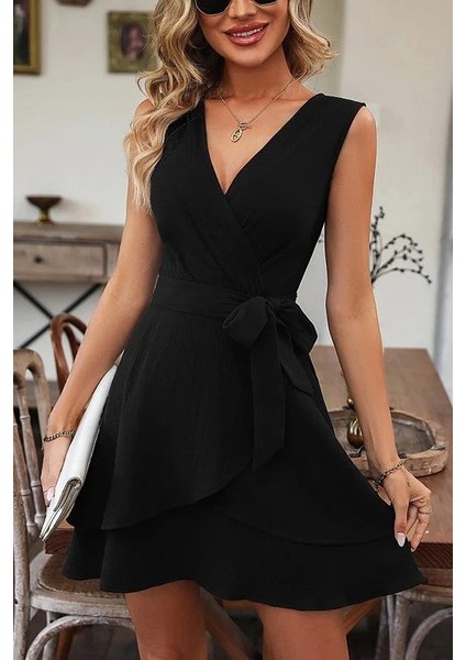 Kadın Kolsuz Kruvaze Yakalı Belden Kuşaklı Janjan Krep Elbise fiyatları