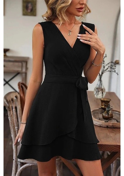 Kadın Kolsuz Kruvaze Yakalı Belden Kuşaklı Janjan Krep Elbise fırsatları