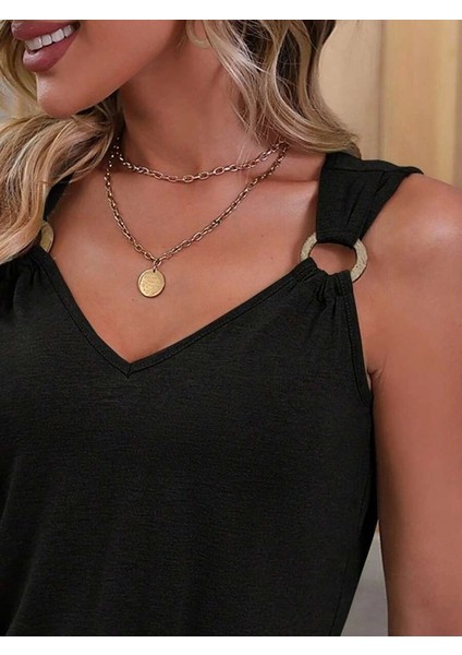 Kadın Askılı V Yaka Belden Büzgülü Aksesuar Detaylı Viskon Elbise indirimleri