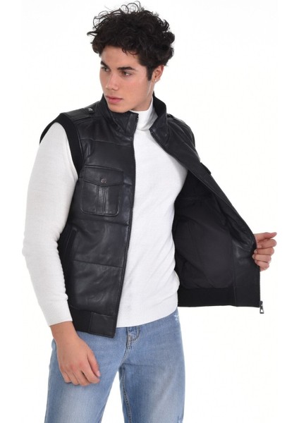Hakiki Deri Siyah Hakim Yaka Dört Cepli Erkek Deri Yelek