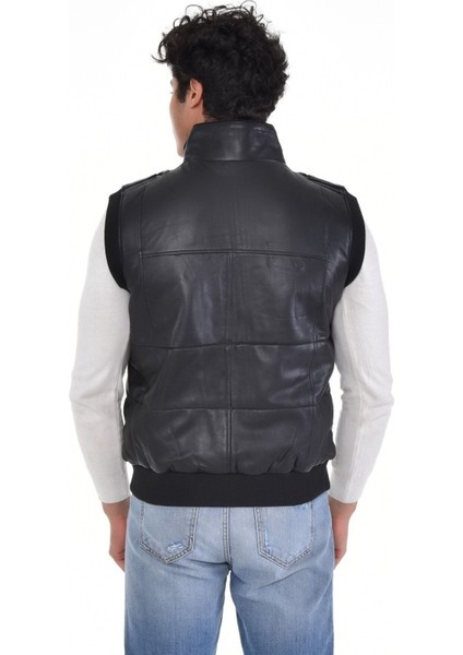 Hakiki Deri Siyah Hakim Yaka Dört Cepli Erkek Deri Yelek modelleri