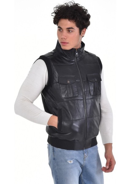 Hakiki Deri Siyah Hakim Yaka Dört Cepli Erkek Deri Yelek fırsatları