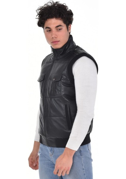 Hakiki Deri Siyah Hakim Yaka Dört Cepli Erkek Deri Yelek indirimleri