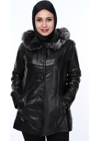 Hakiki Kuzu Derisi Siyah Kürklü Kieran Kadın Ceket