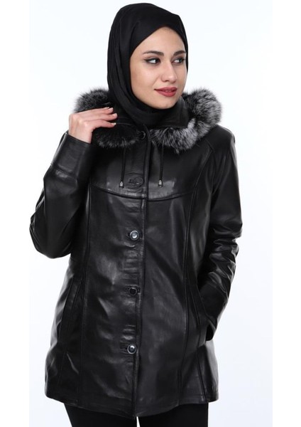 Hakiki Kuzu Derisi Siyah Kürklü Kieran Kadın Ceket modelleri