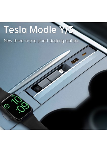 Tesla Modeli Için 3/y USB Hub 27W 3'ü 1 Arada Yerleştirme Istasyonu Geri Çekilebilir Kablo ile Destek Tesla Için Apple Watch'un Kablosuz Şarjı (Yurt Dışından) fiyatları