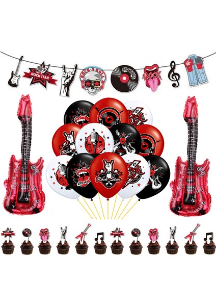 Rock And Roll Balonlar Video Not Gitar Bandı Mikrofon Mutlu Doğum Günü Afiş Parti Dekorasyon Müzik Radyo Kek Toppers Balonlar (Yurt Dışından)