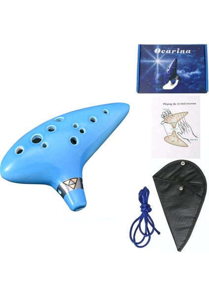 Ocarina 12 Ton Alto C Seramik Ocarina Müzik Aleti Şarkı Kitabı Boyun Dize Boyun Kordon Taşıma Çantası Mavi (Yurt Dışından)