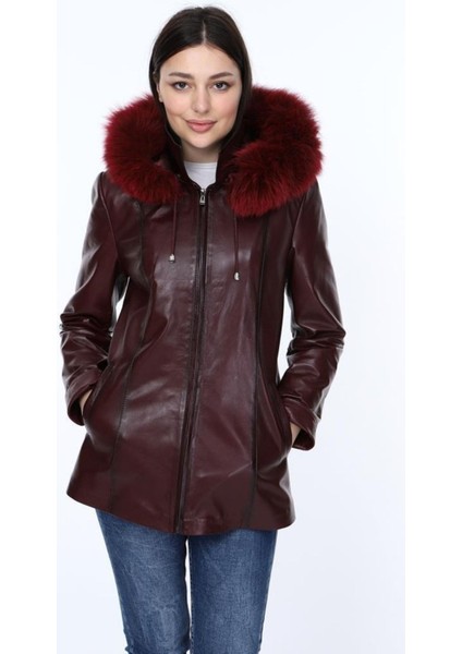 Hakiki Deri Bordo Parkson Kürklü Kadın Ceket